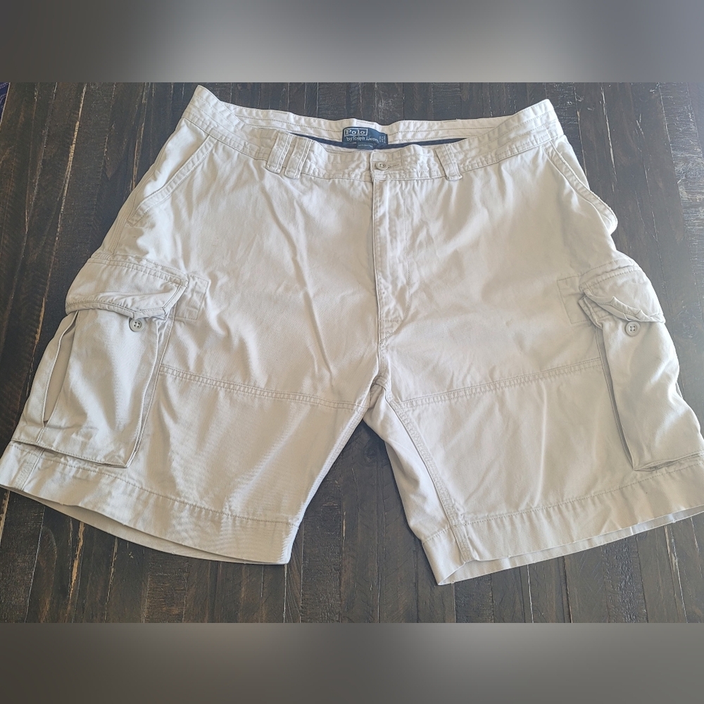 Polo Ralph Lauren Chino Cargo Shorts Flat Front Cotton Relaxed Beige Mens 44B